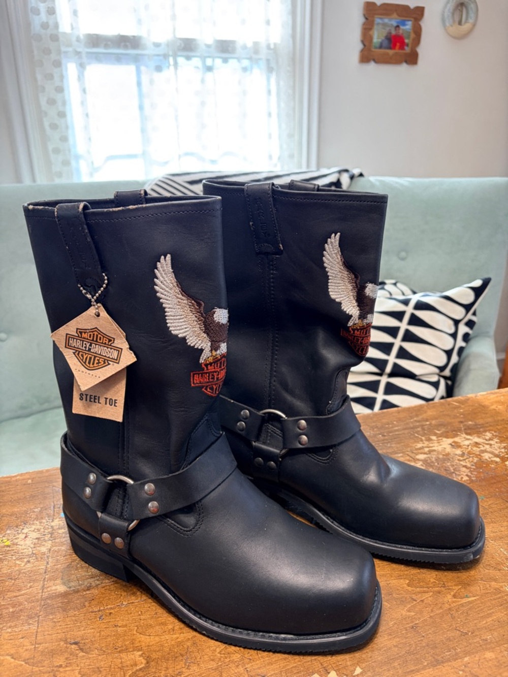 Harley-Davidson Black Leather Harness Steel Toe Boots with Embroidered Eagle